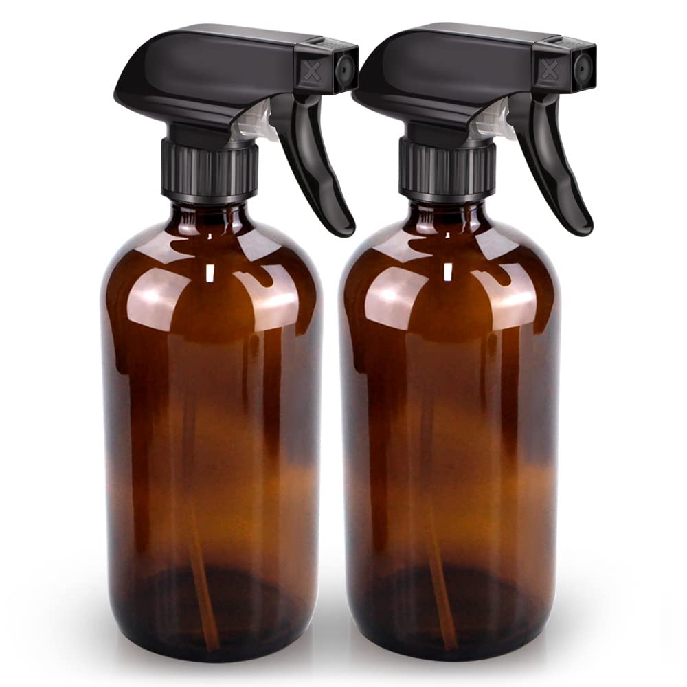 Bontip Glass Spray Bottle, Amber Bottle Set & Accessories for Non-toxic Window Cleaners Aromatherapy Facial Hydration Watering Flowers Hair Care (2 Pack/16oz) (Amber)